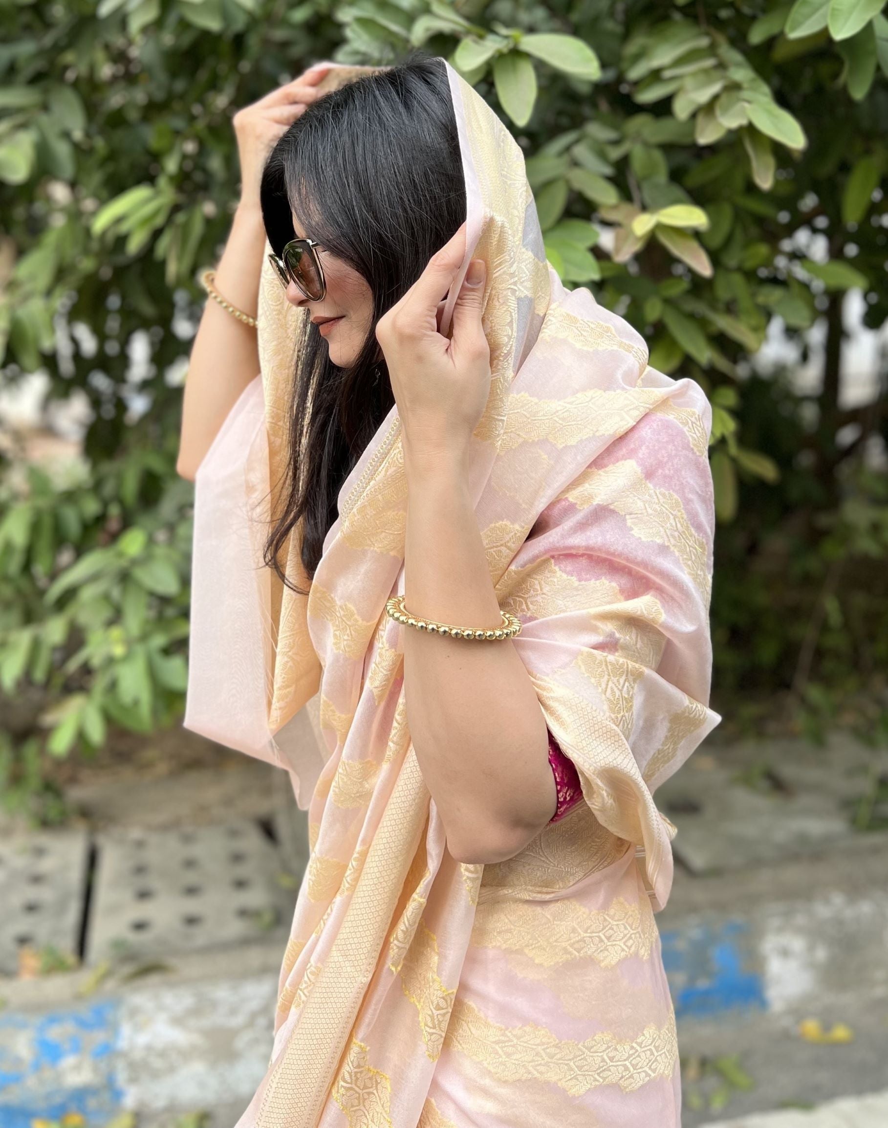 Pastel peach Banaras Soft Georgette silk - AbirabyBeena