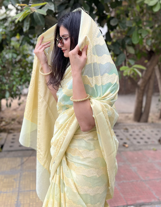 Pastel Pista Green Banaras Soft Georgette silk - AbirabyBeena