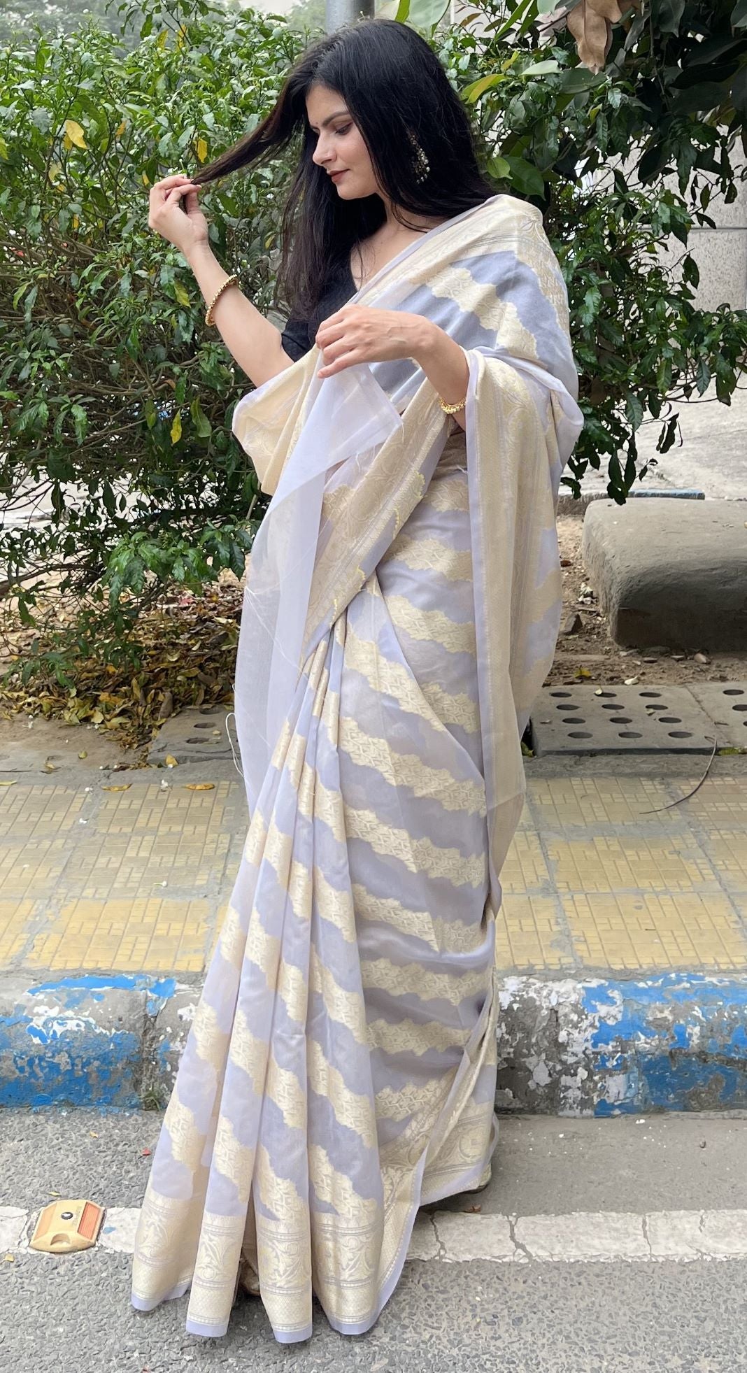 Pastel grey Banaras Soft Georgette silk - AbirabyBeena