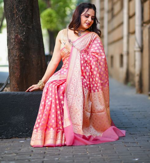 Peach Banaras Soft Georgette silk