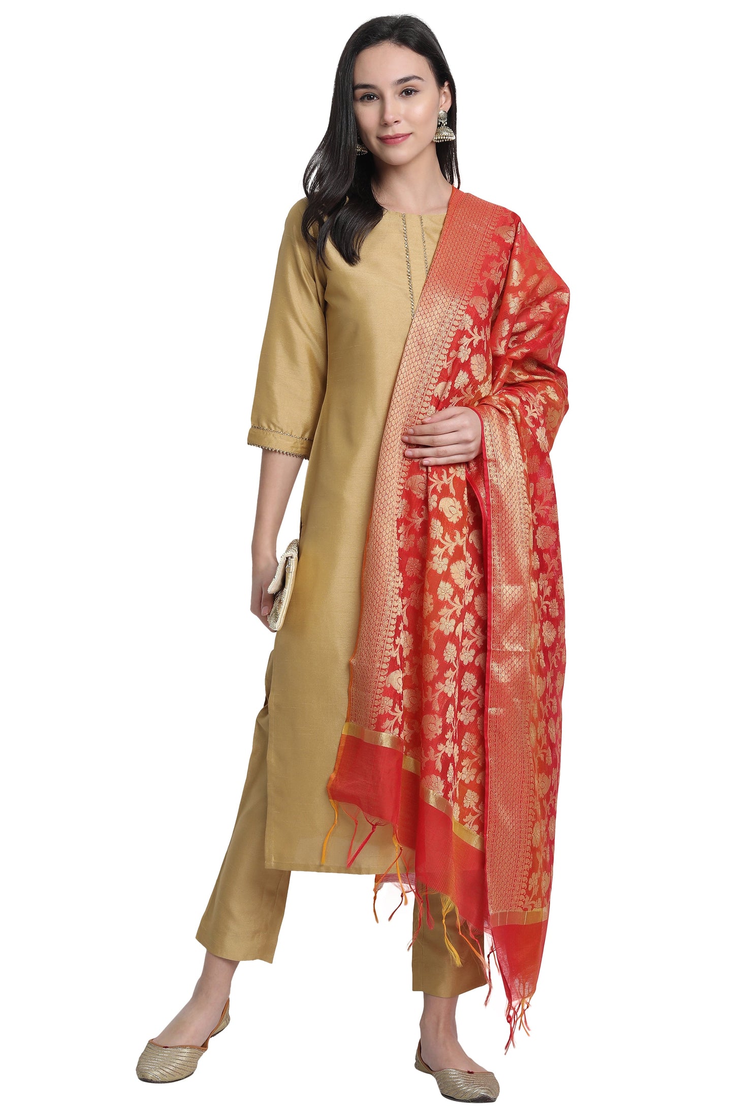Gold Poly Silk Solid Kurta With Pant And Dupatta