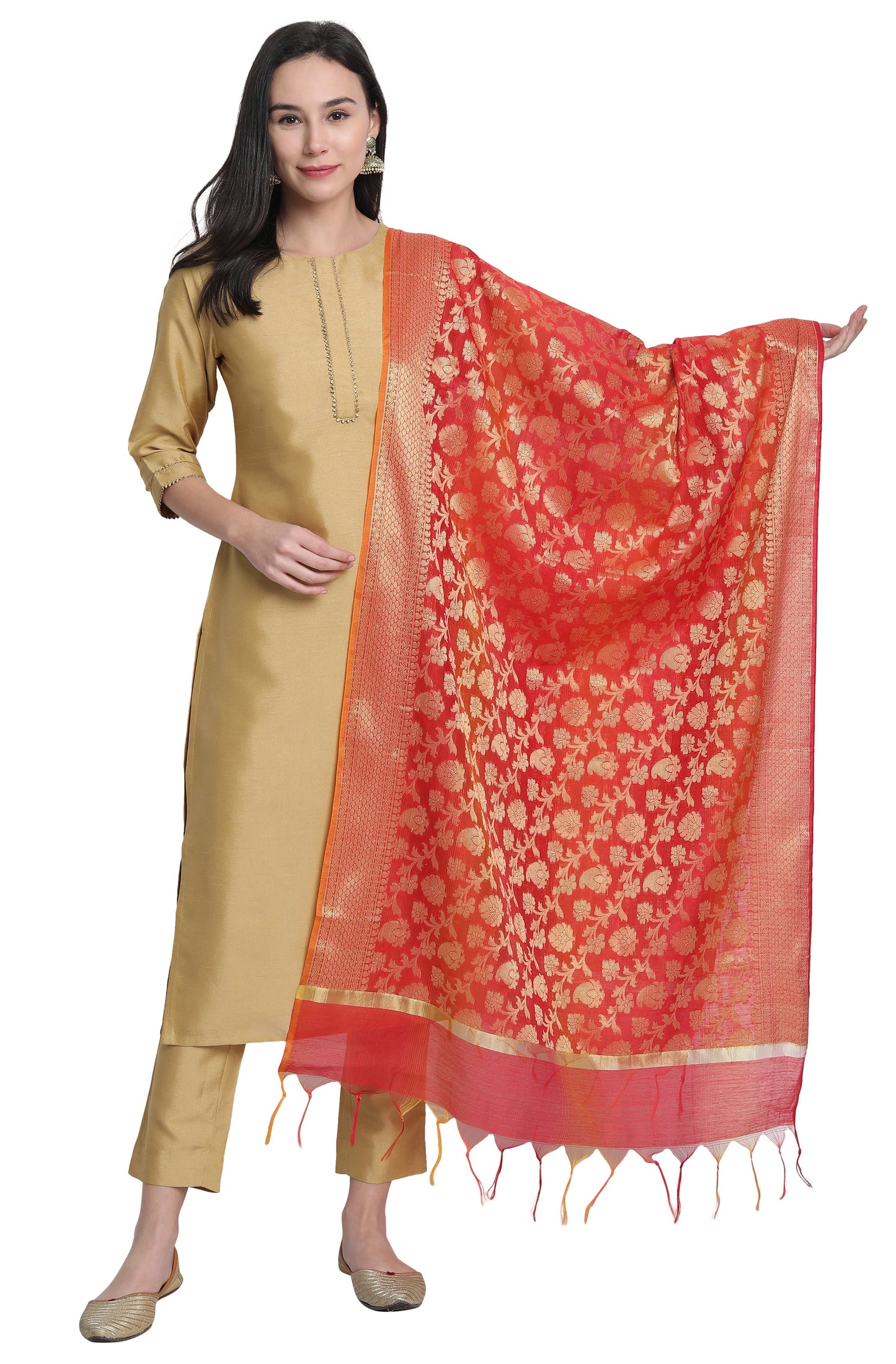Gold Poly Silk Solid Kurta With Pant And Dupatta