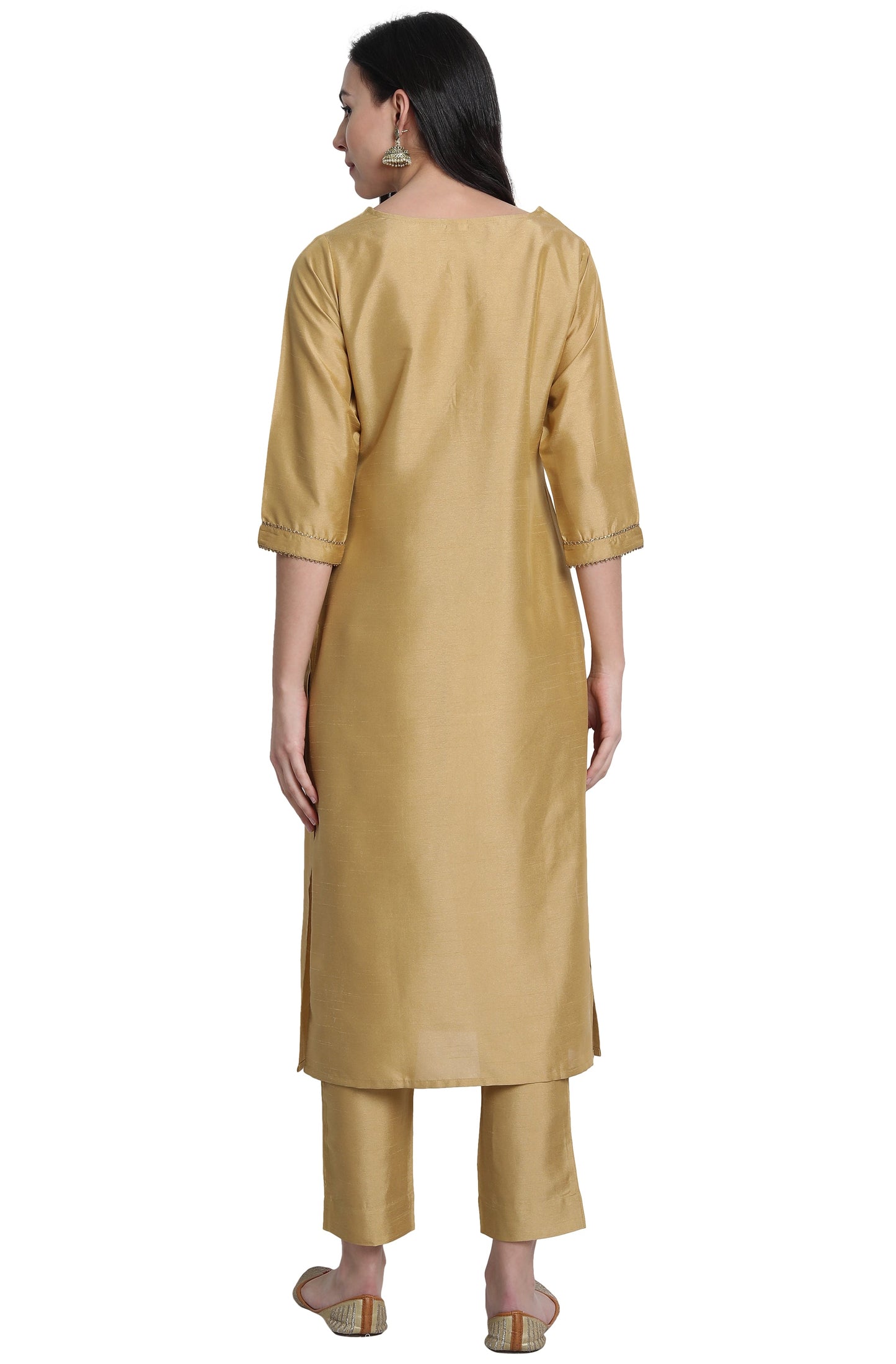 Gold Poly Silk Solid Kurta With Pant And Dupatta
