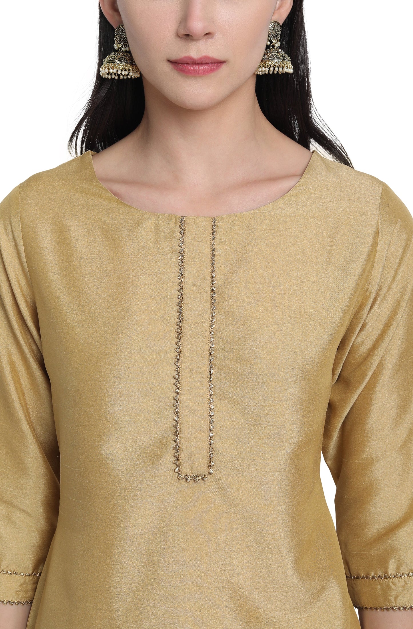 Gold Poly Silk Solid Kurta With Pant And Dupatta