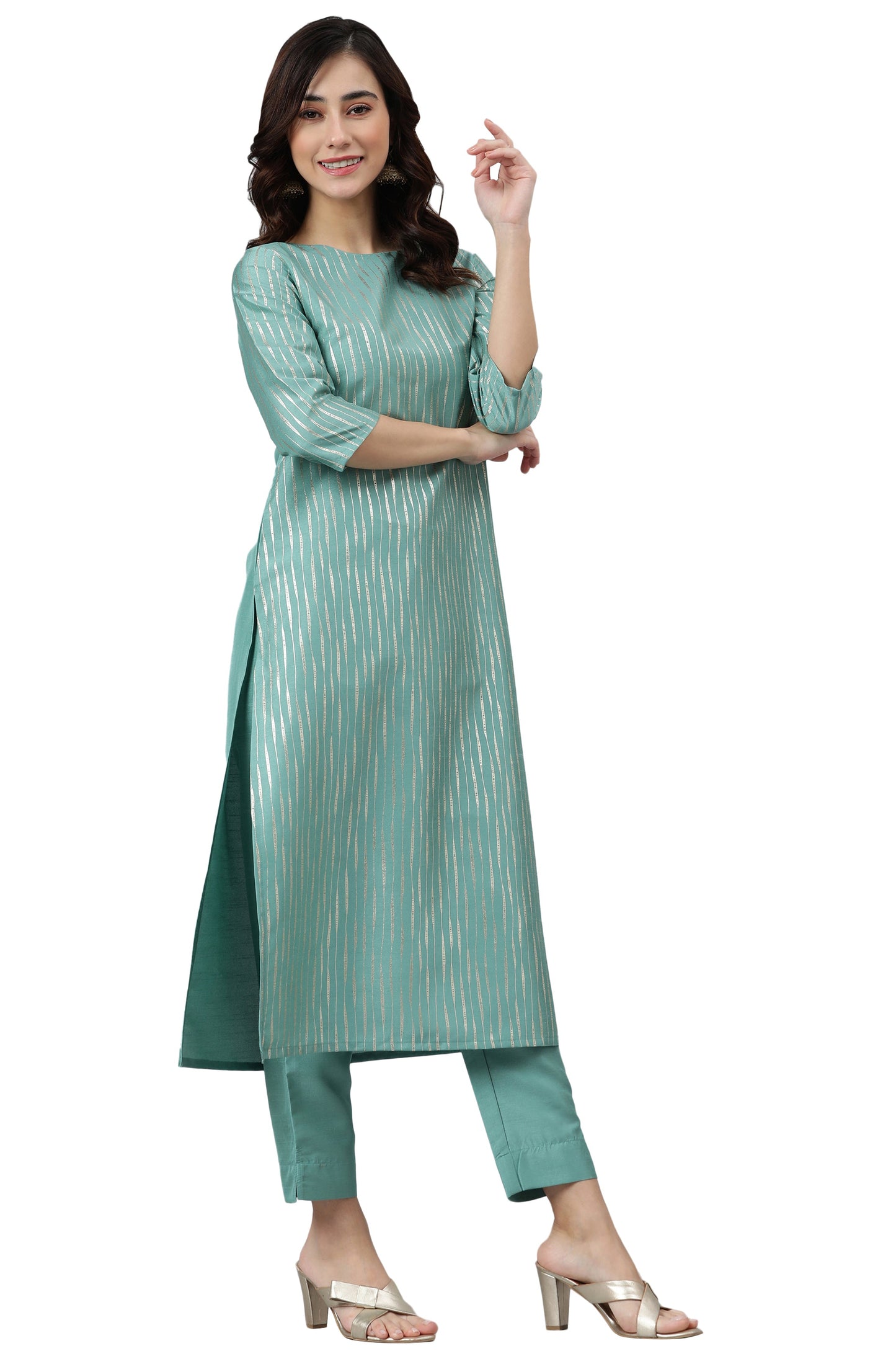 Green Poly Silk Striped Kurta With Pant And Dupatta