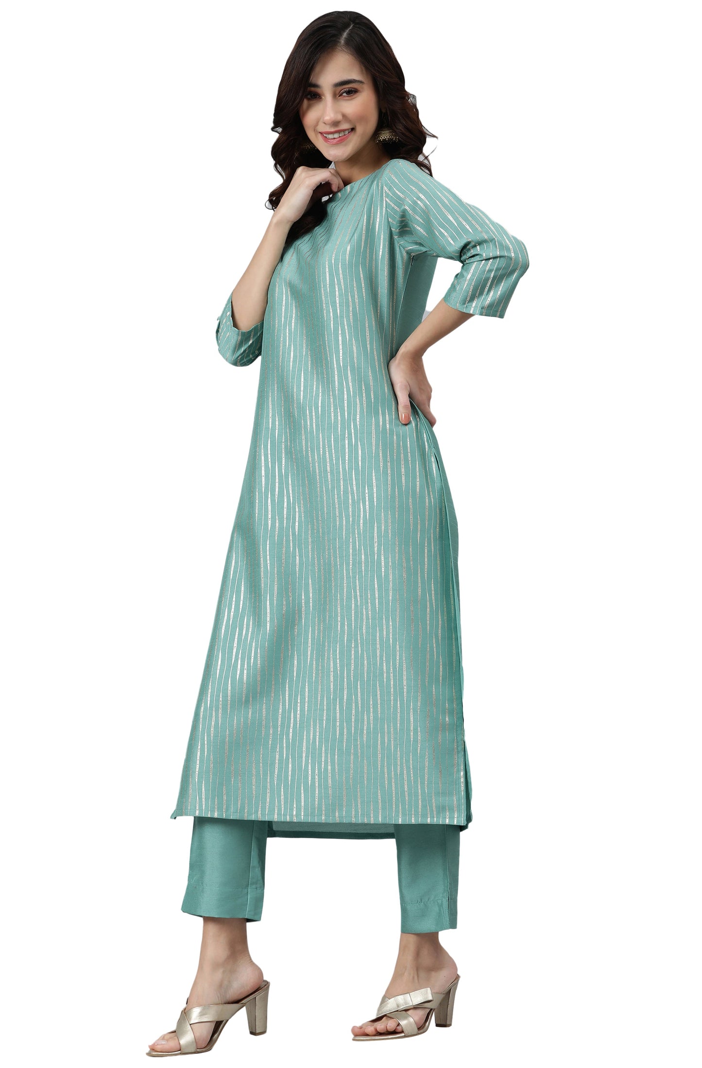 Green Poly Silk Striped Kurta With Pant And Dupatta