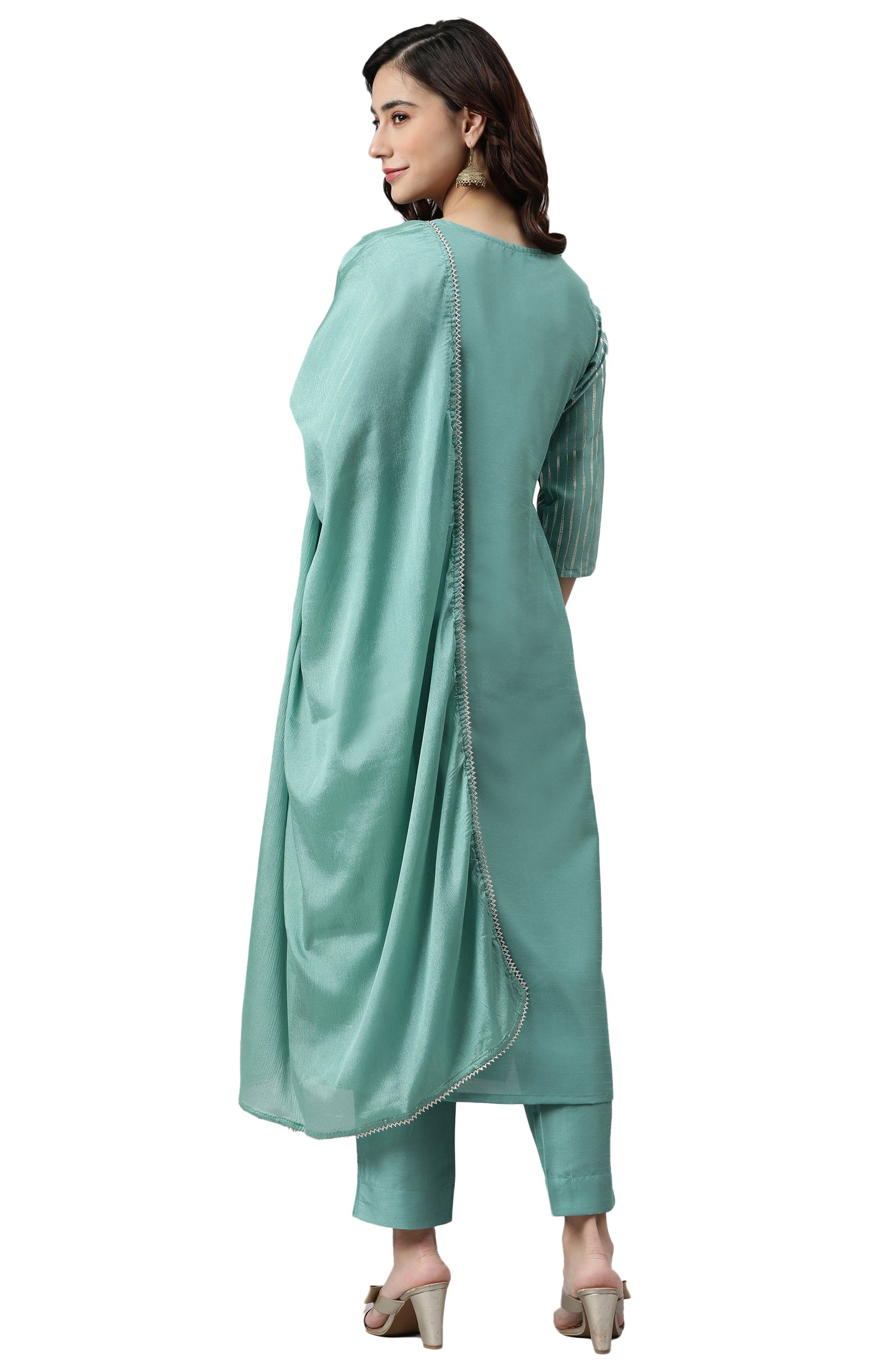 Green Poly Silk Striped Kurta With Pant And Dupatta