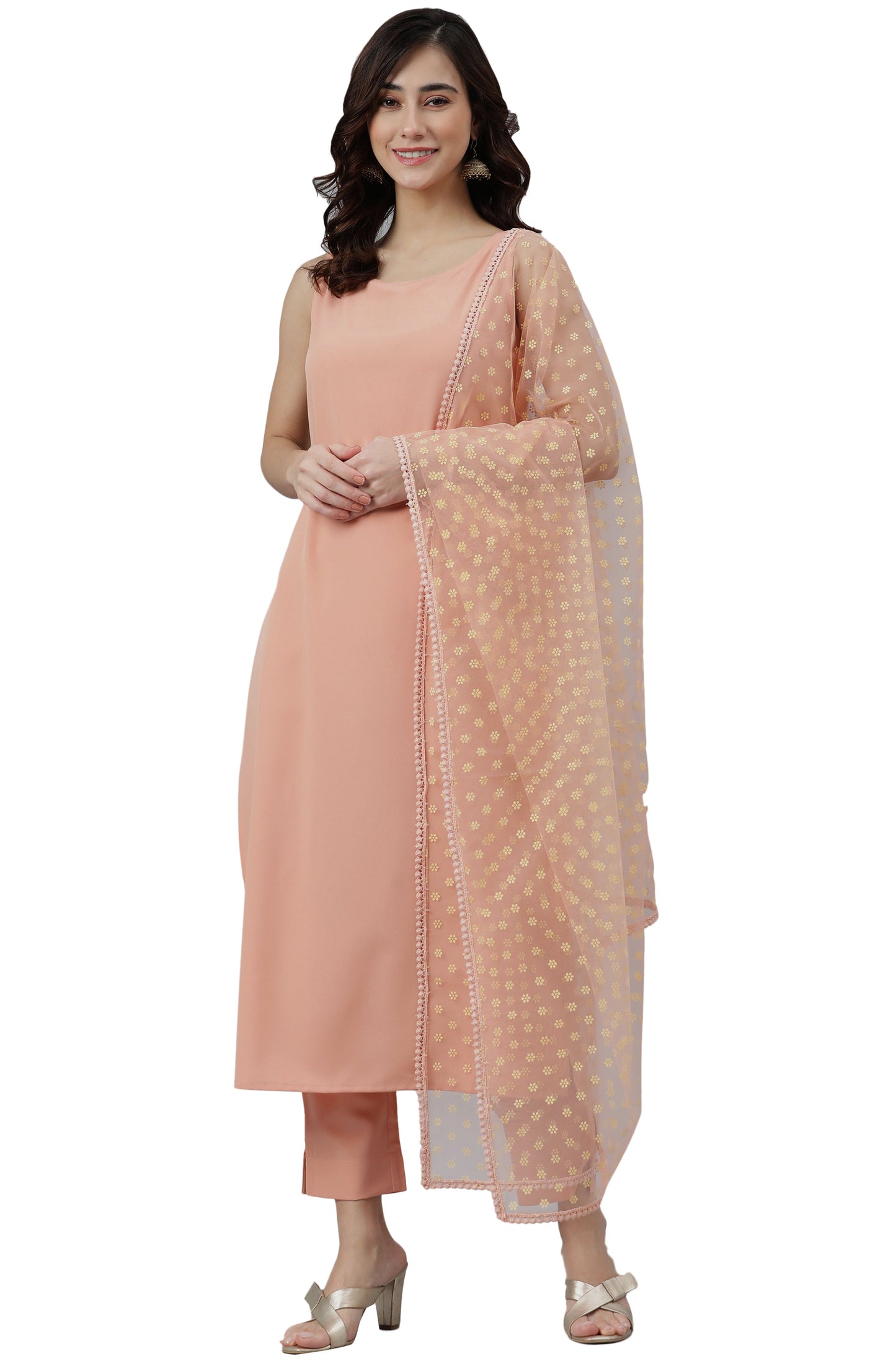 Peach Poly Crepe Solid Kurta With Pant And Dupatta