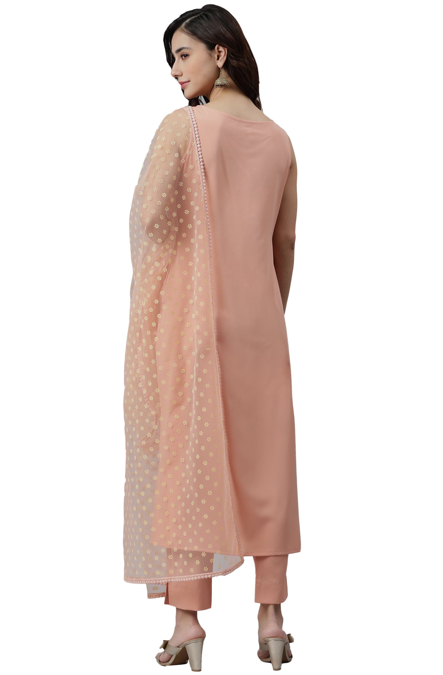 Peach Poly Crepe Solid Kurta With Pant And Dupatta