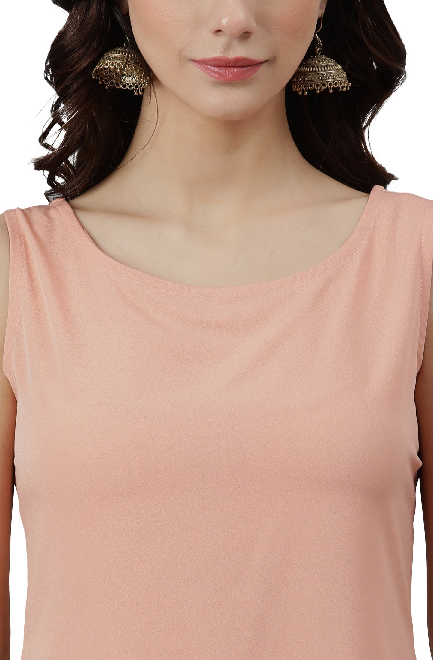 Peach Poly Crepe Solid Kurta With Pant And Dupatta