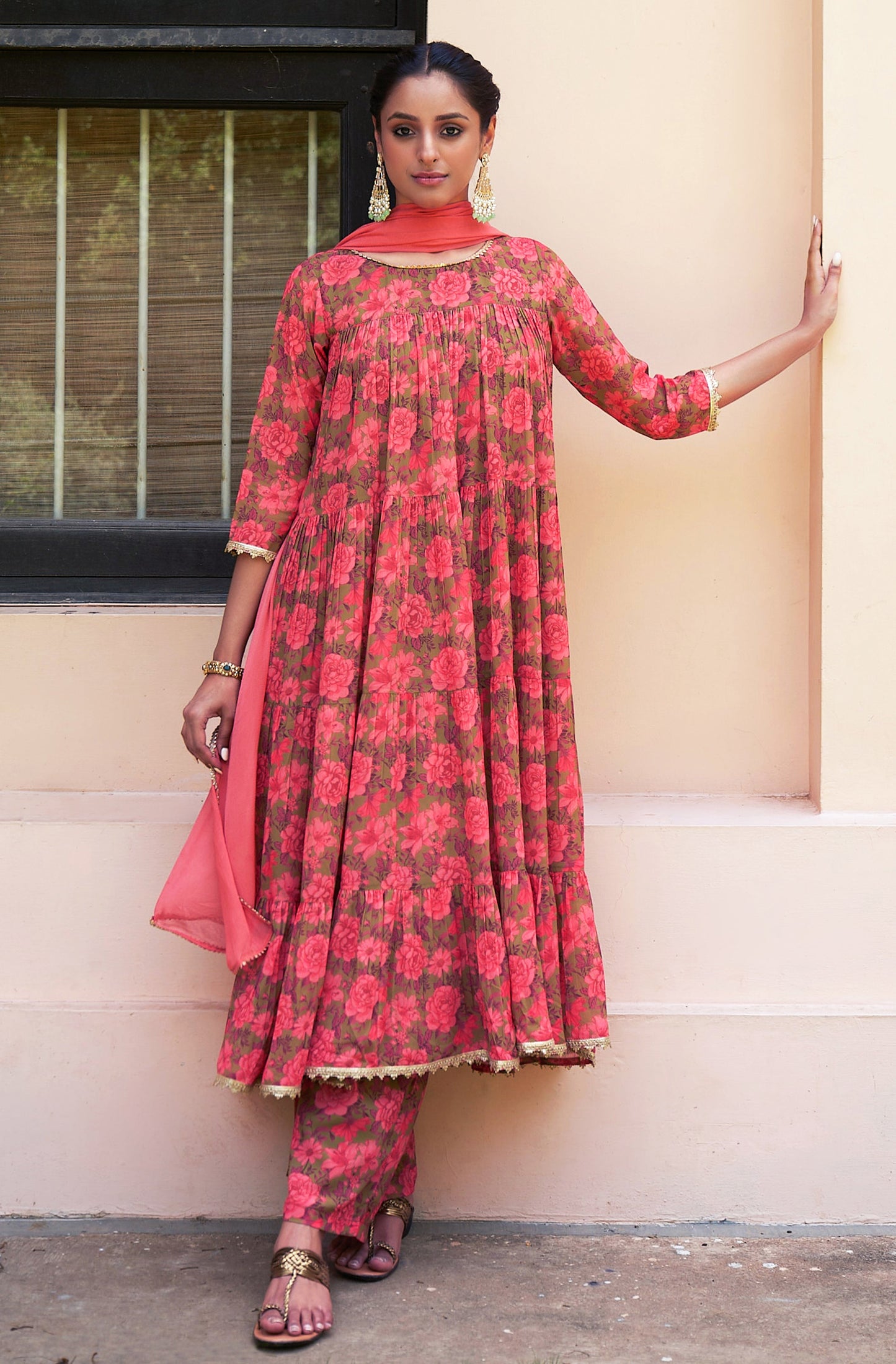 Peach Georgette Kurta Palazzo Set With Dupatta