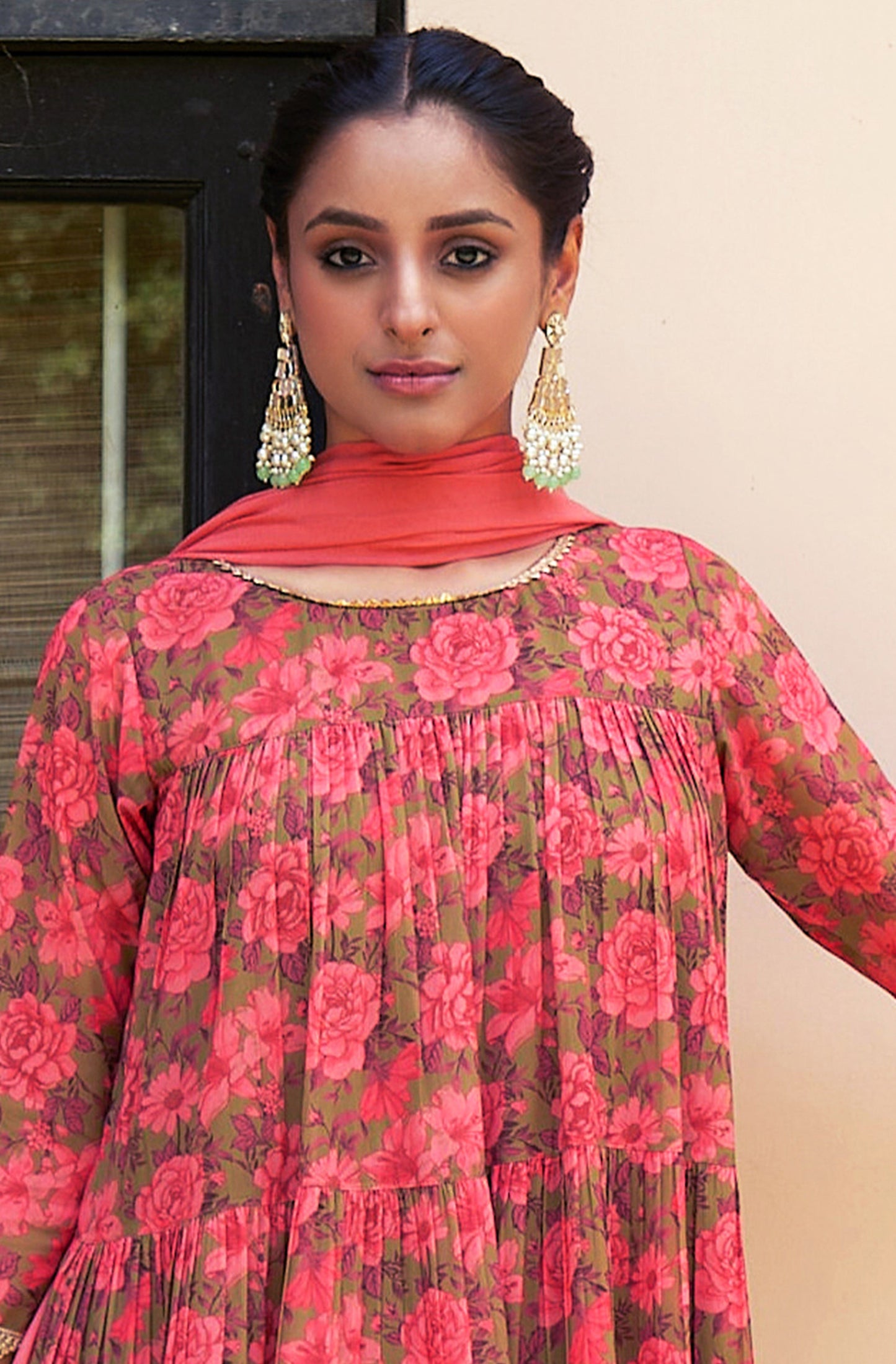 Peach Georgette Kurta Palazzo Set With Dupatta