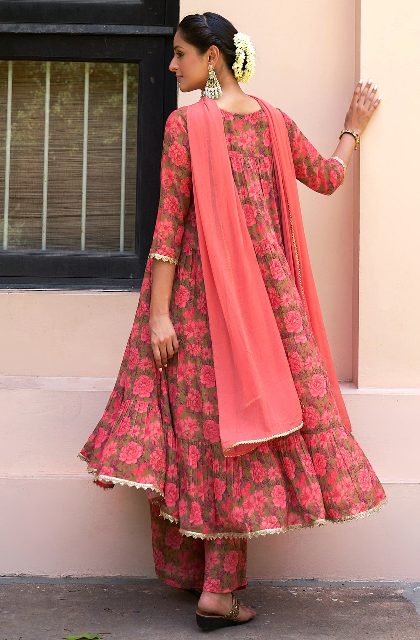 Peach Georgette Kurta Palazzo Set With Dupatta