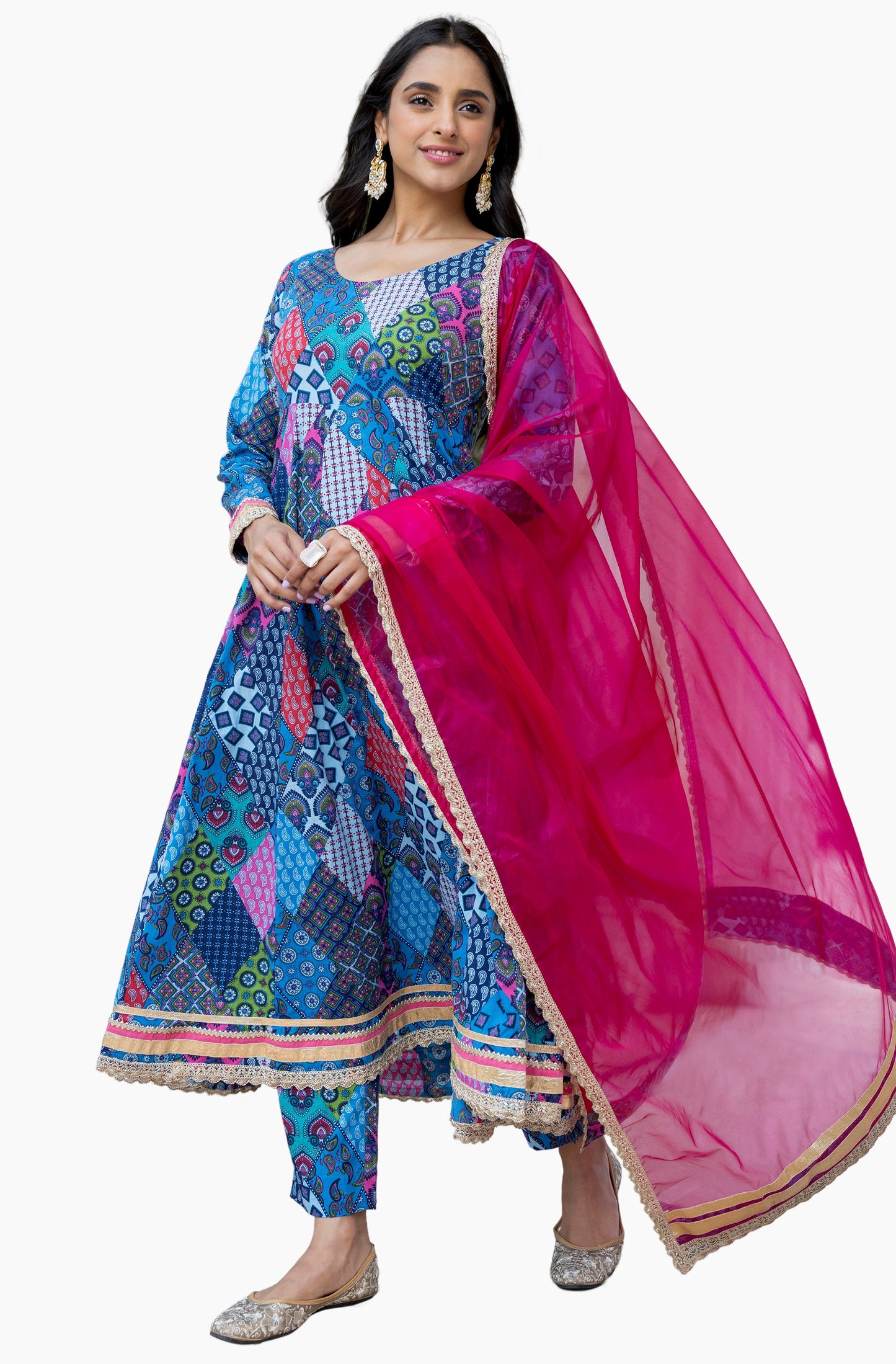 Blue Cotton Ethnic Printed Kurta With Pant And Dupatta