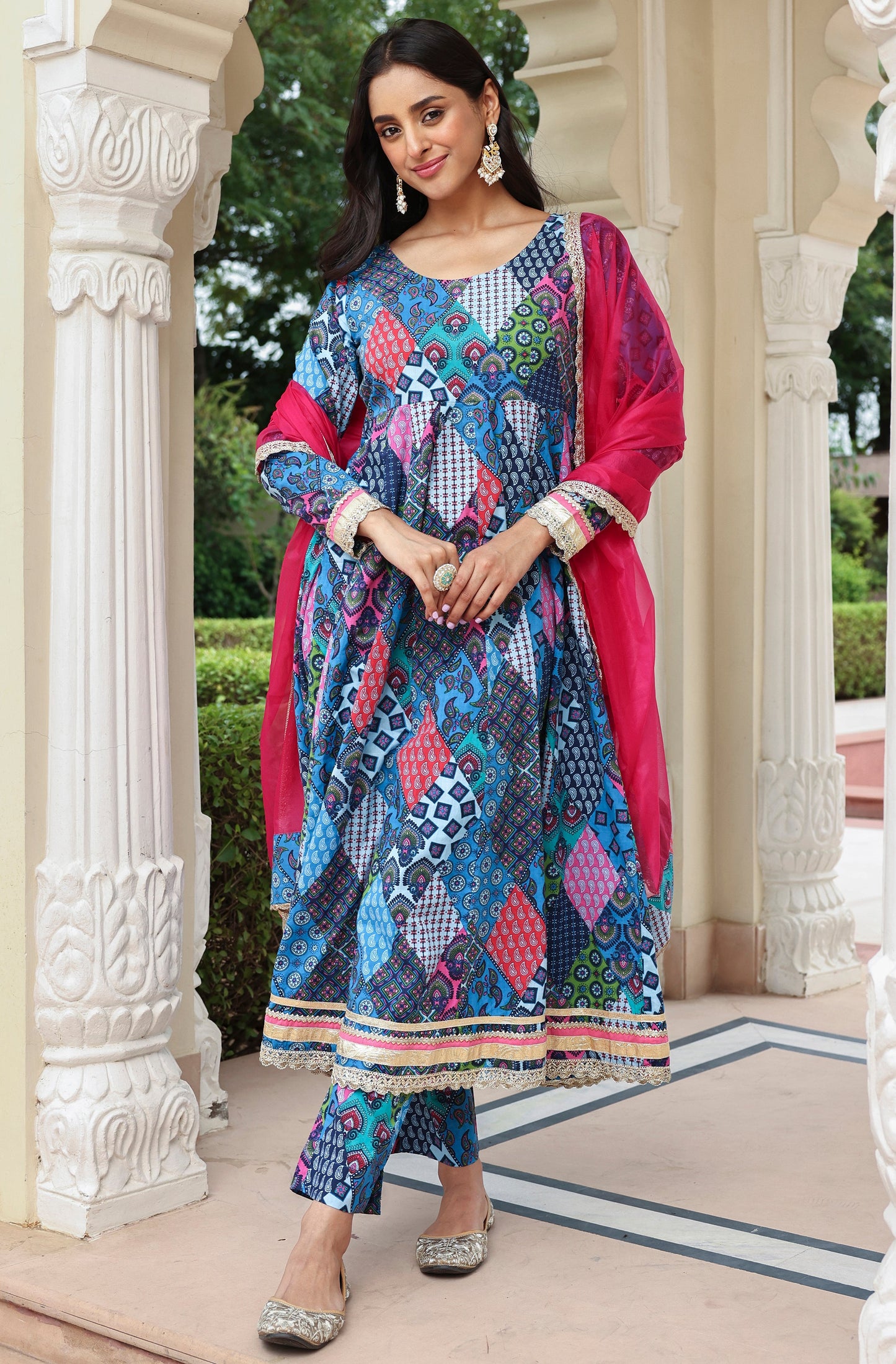 Blue Cotton Ethnic Printed Kurta With Pant And Dupatta
