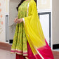 Lime Green Cotton Embellished Floral Printed Kurta With Flared Palazzo And Dupatta