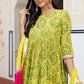 Lime Green Cotton Embellished Floral Printed Kurta With Flared Palazzo And Dupatta