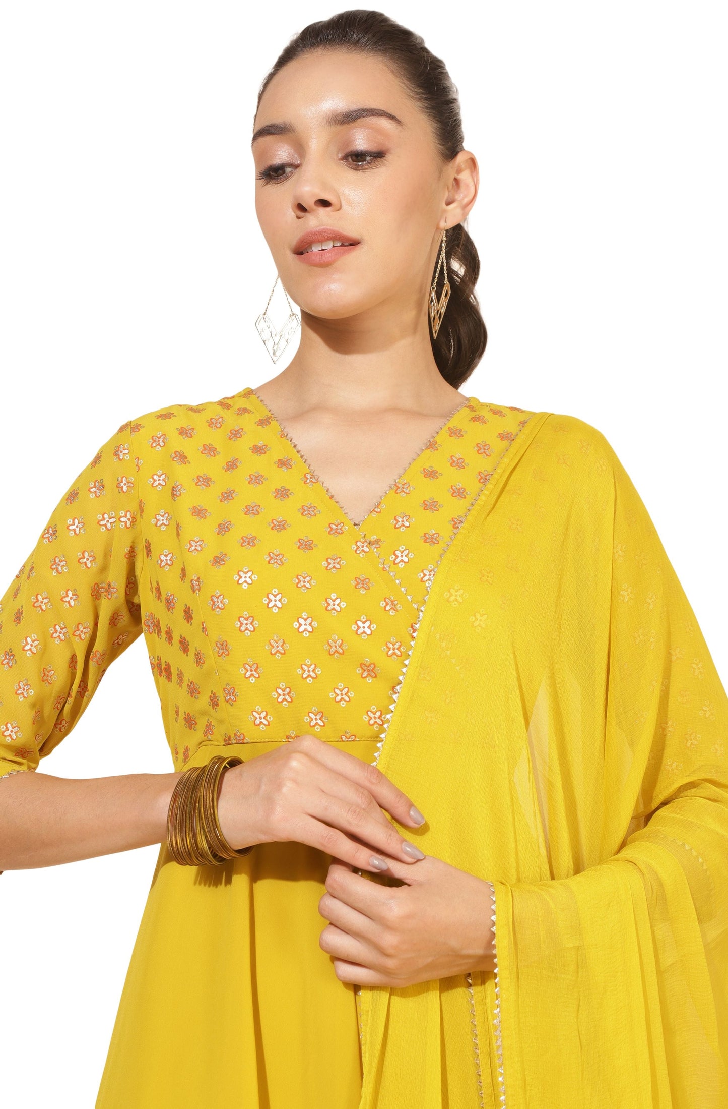 Gleaming Sunflower Foil Kurta With Dupatta