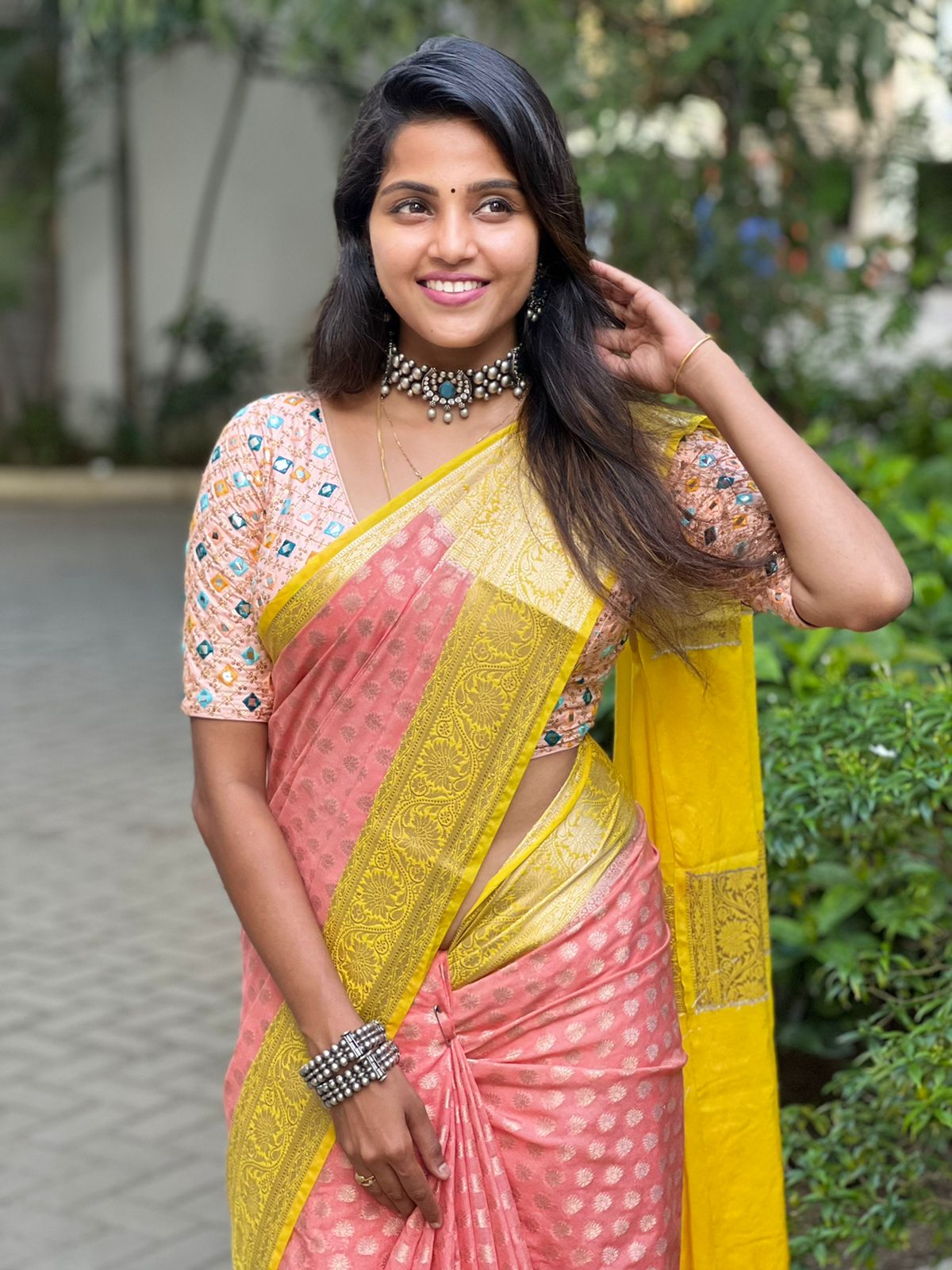 Peach Banaras Soft Georgette silk - AbirabyBeena