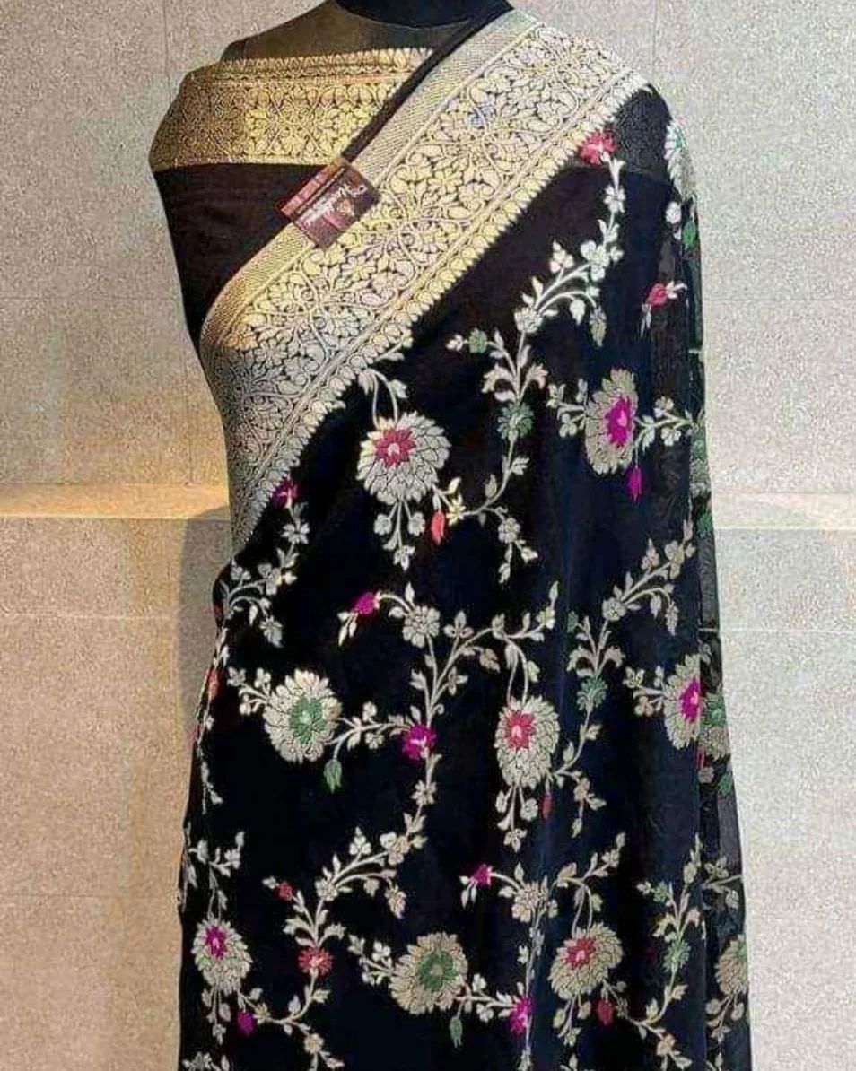 Black Banaras Soft Georgette Jaal silk
