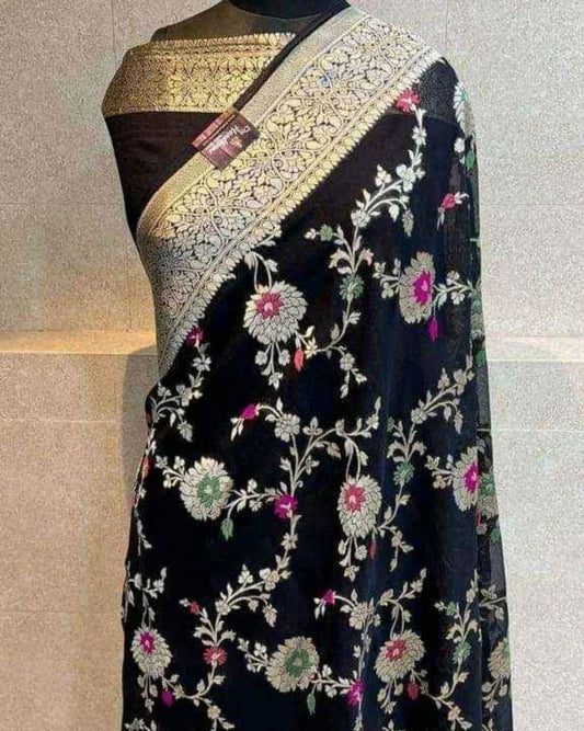 Black Banaras Soft Georgette Jaal silk - AbirabyBeena