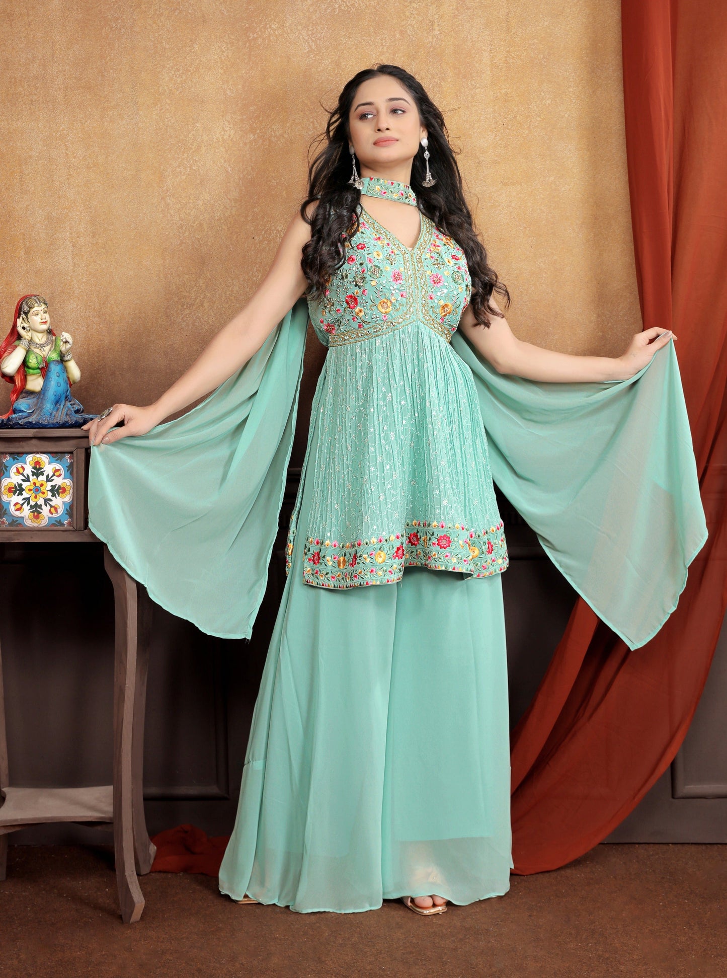 Elegance in Green: Beautifully Embroidered Light Green Sharara Suit Set for Women