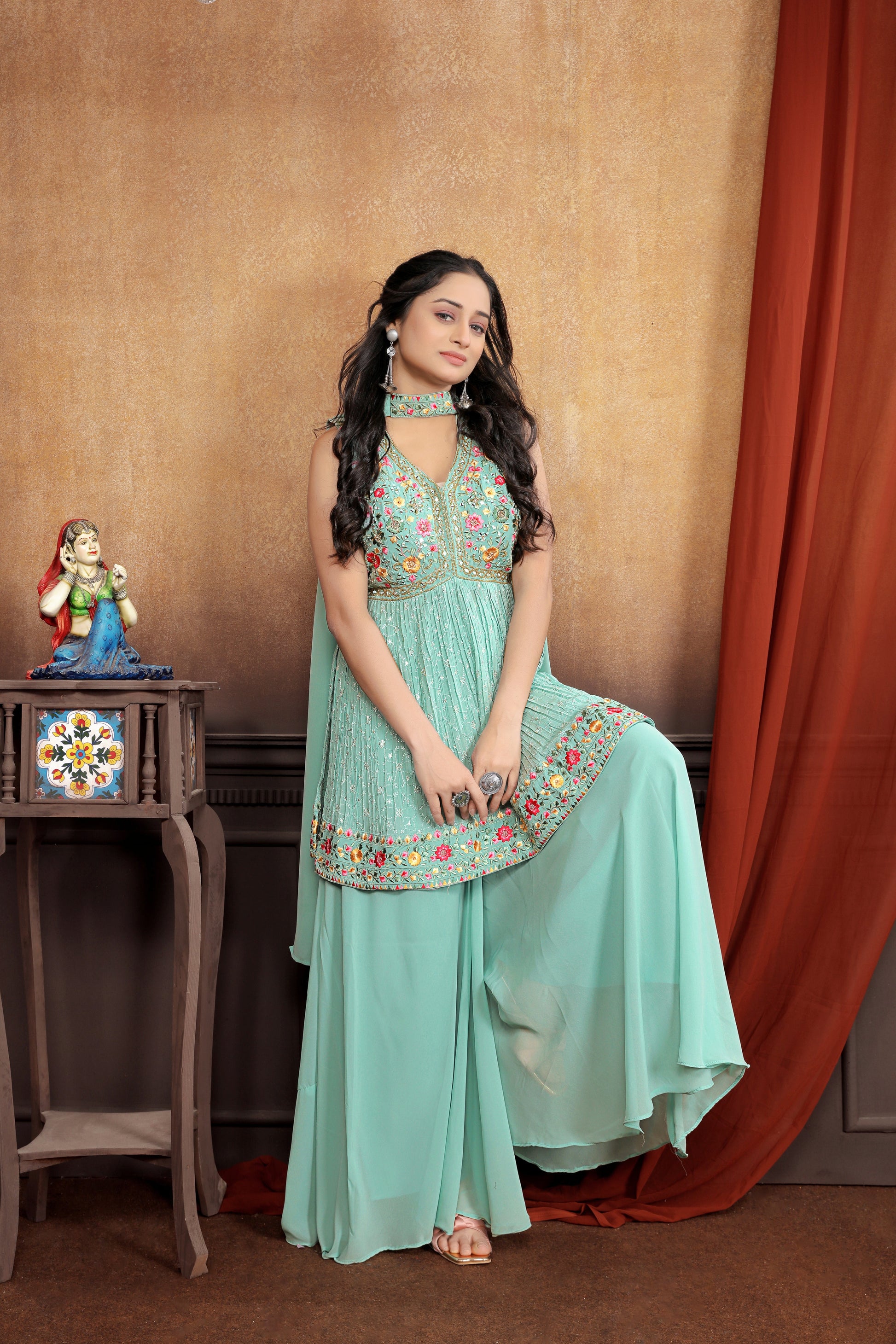 Elegance in Green: Beautifully Embroidered Light Green Sharara Suit Set for Women | AbirabyBeena Elegance in Green: Beautifully Embroidered Light Green Sharara Suit Set for Women | AbirabyBeena