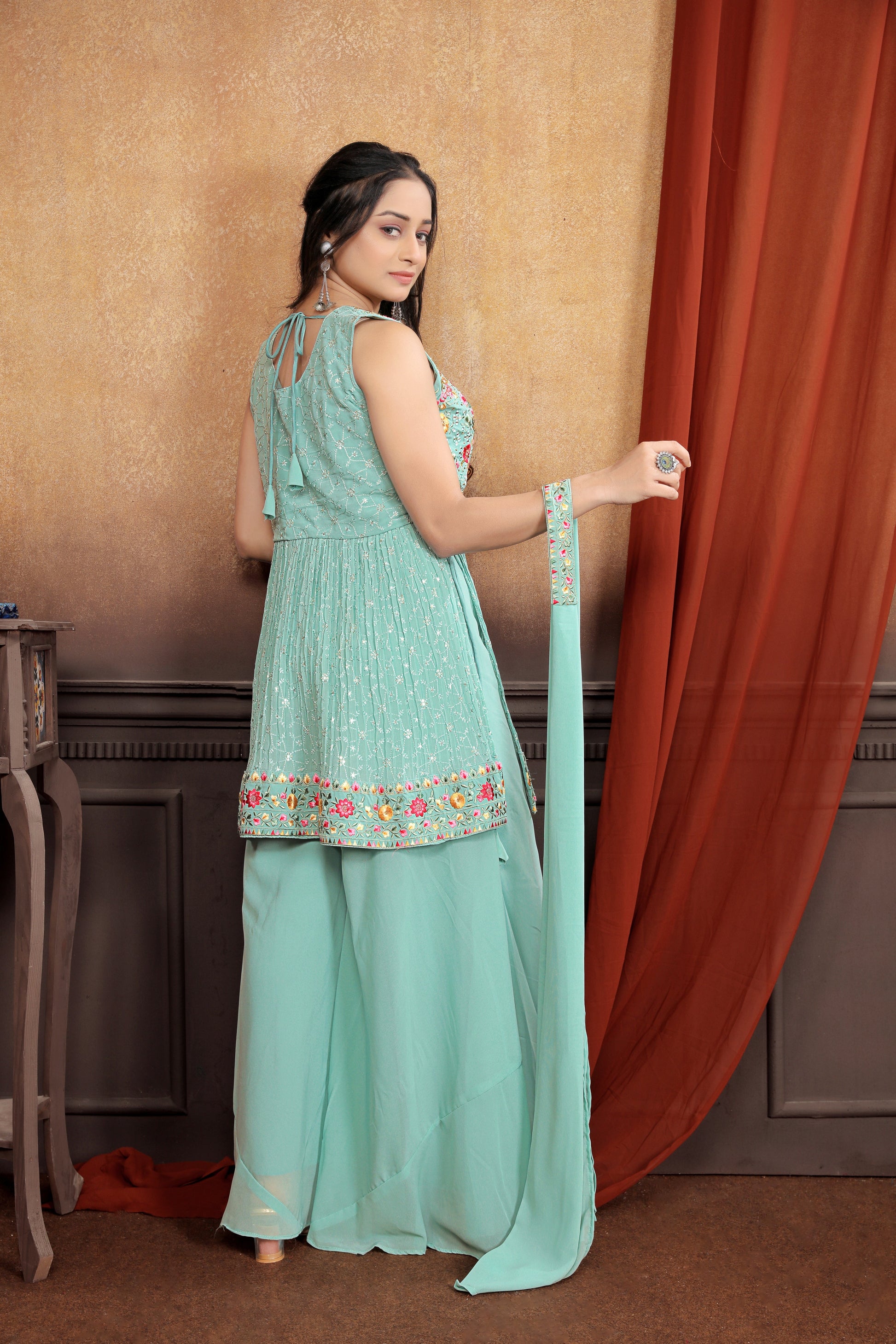 light green sharara dress Light Green Soft Net Sharara Suit With Dupatta and Heavy Sequence Embroidery for Wedding Sharara in USA, UK, Malaysia, South Africa, Dubai, Singapore