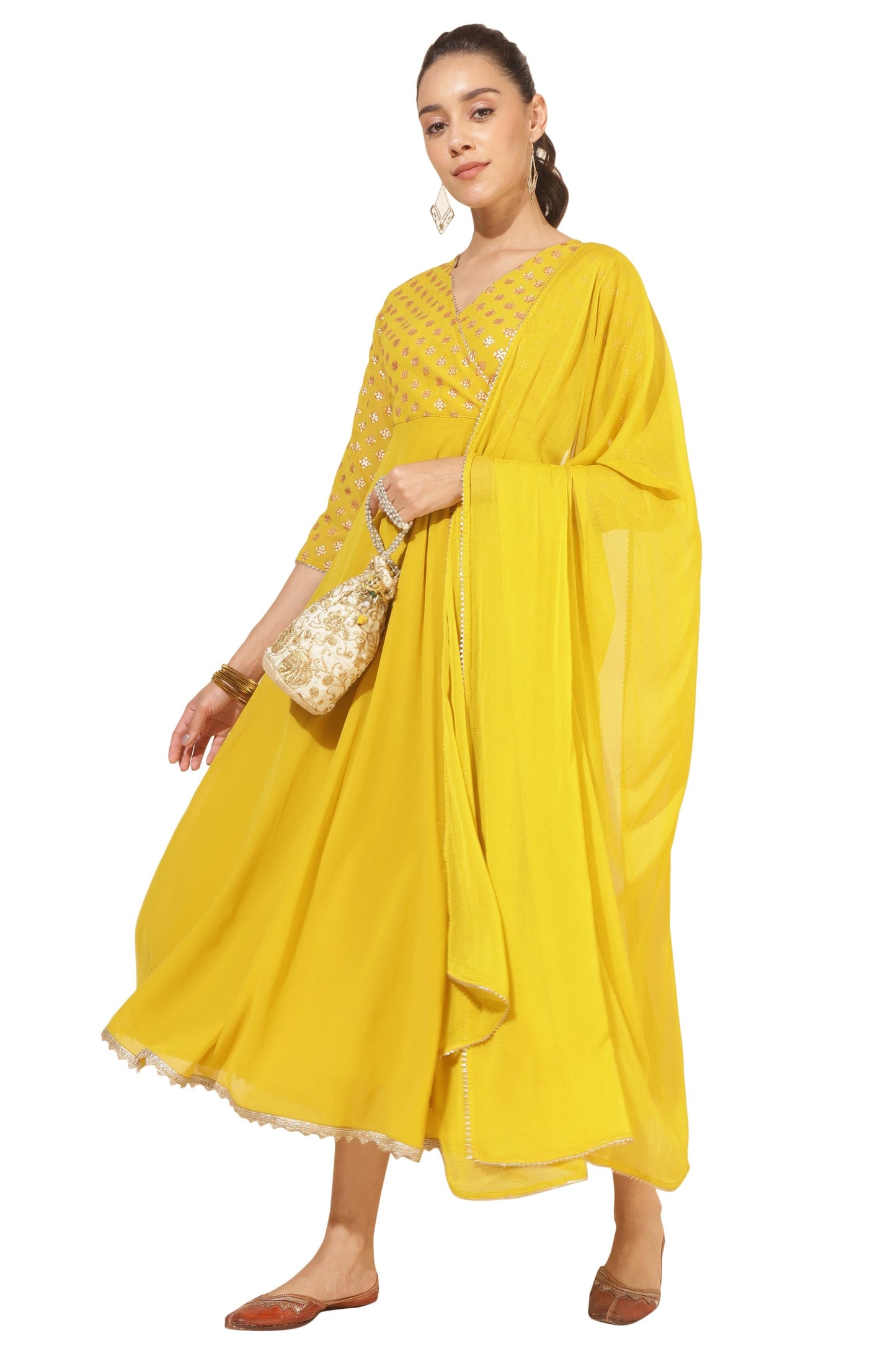 Gleaming Sunflower Foil Kurta With Dupatta
