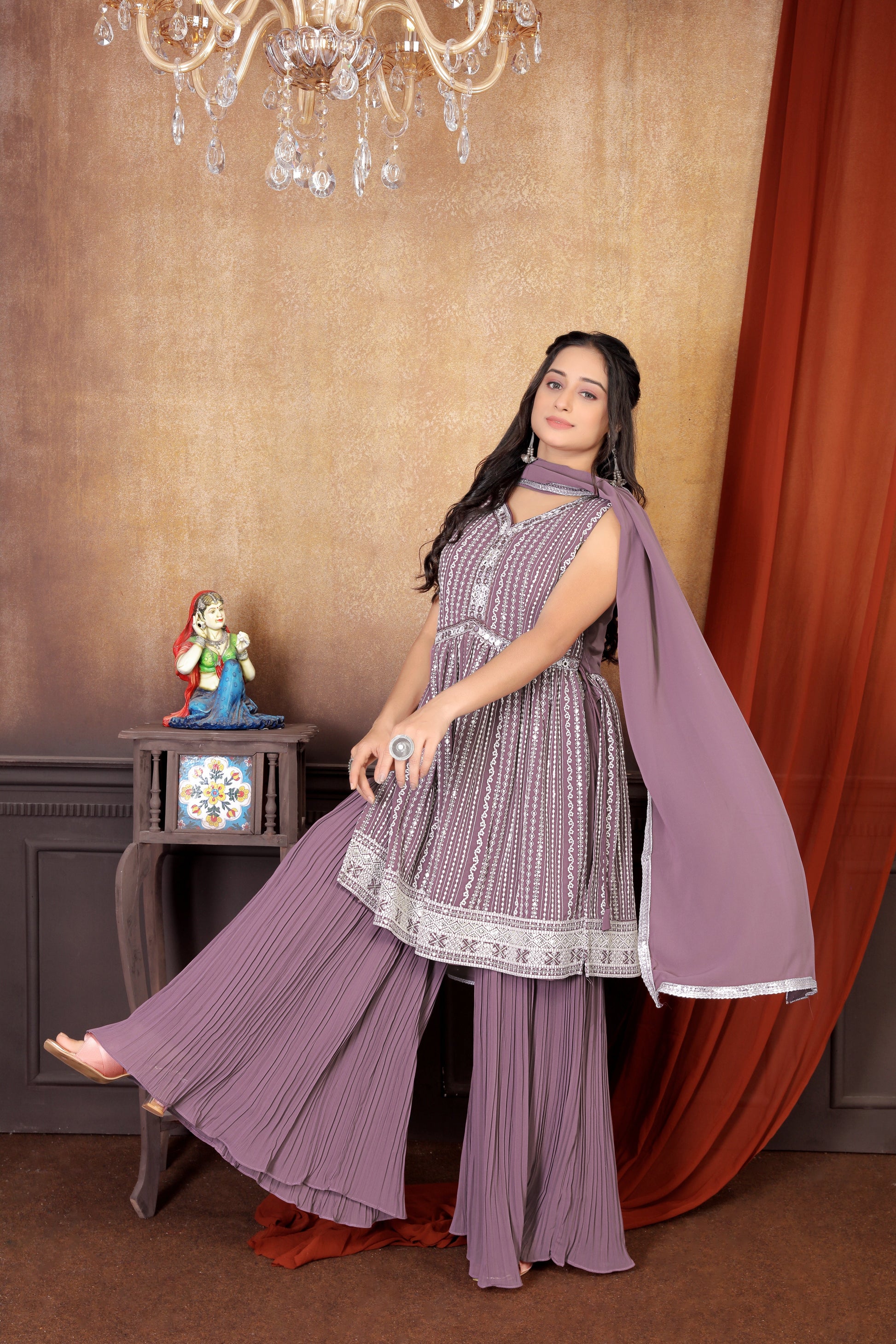 Allure in Onion Shade: Exquisite Embroidered Sharara Suit Set for