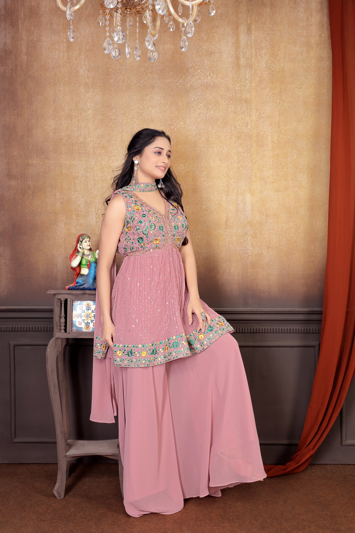 Peach Perfection: Stunning Sharara Suit Set with Intricate Embroideries for Women