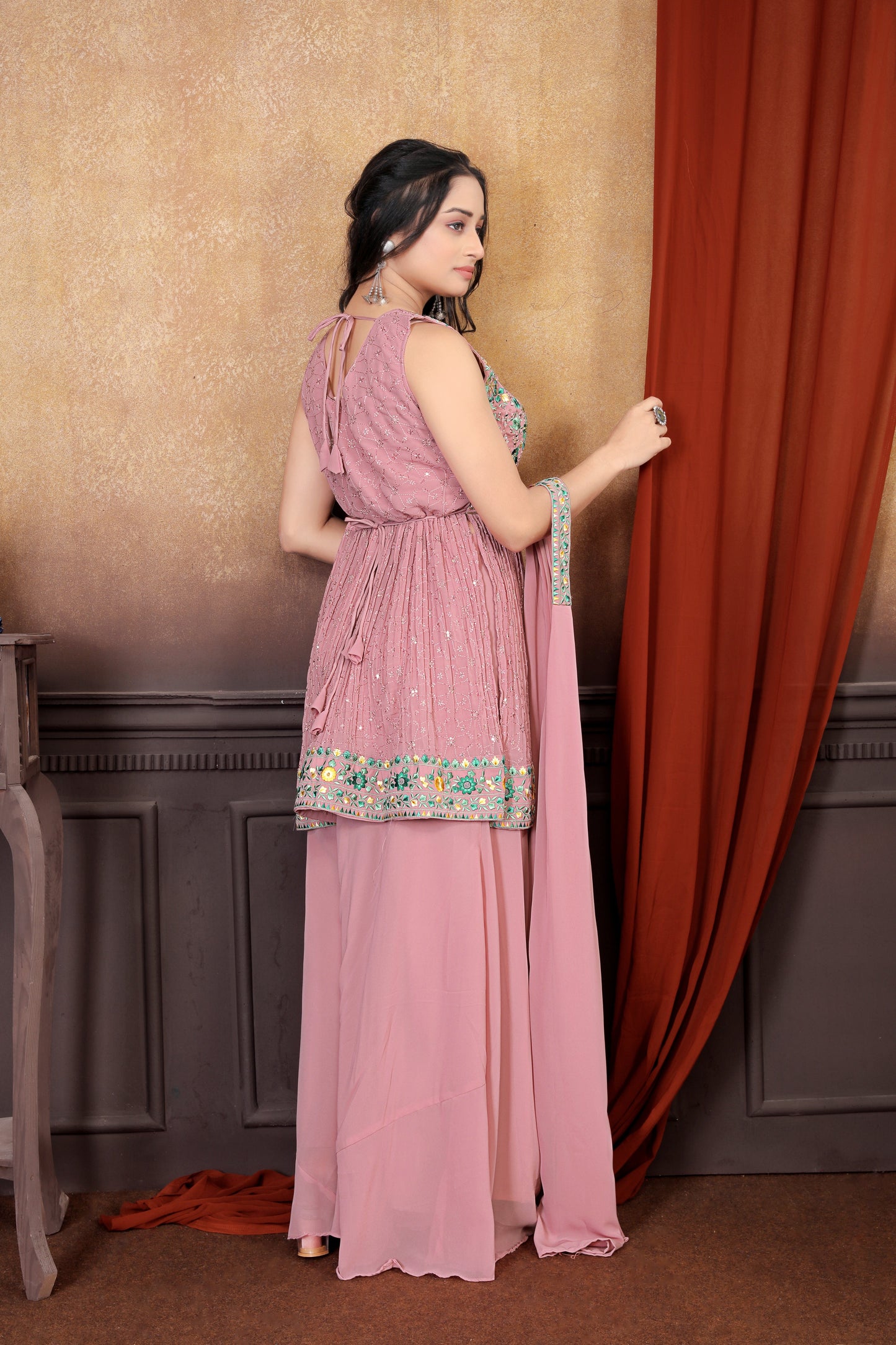 Peach Perfection: Stunning Sharara Suit Set with Intricate Embroideries for Women