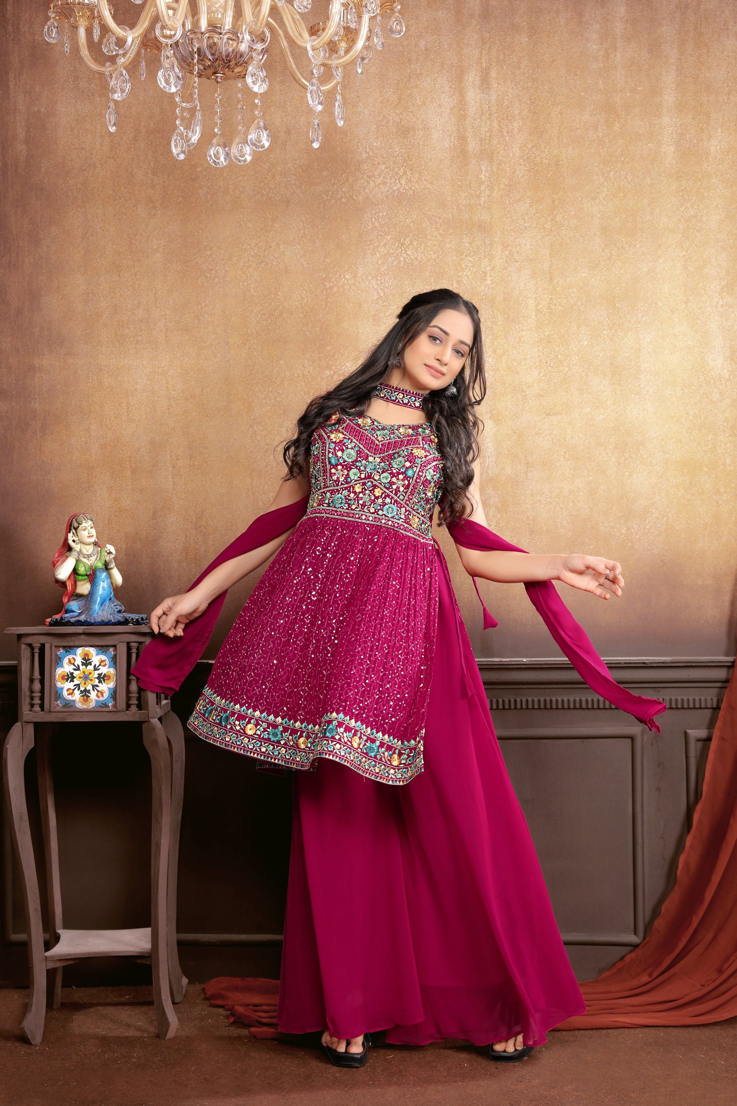 Vibrant Glamour: Hot Pink Sharara Suit Set with Exquisite Embroideries for Women