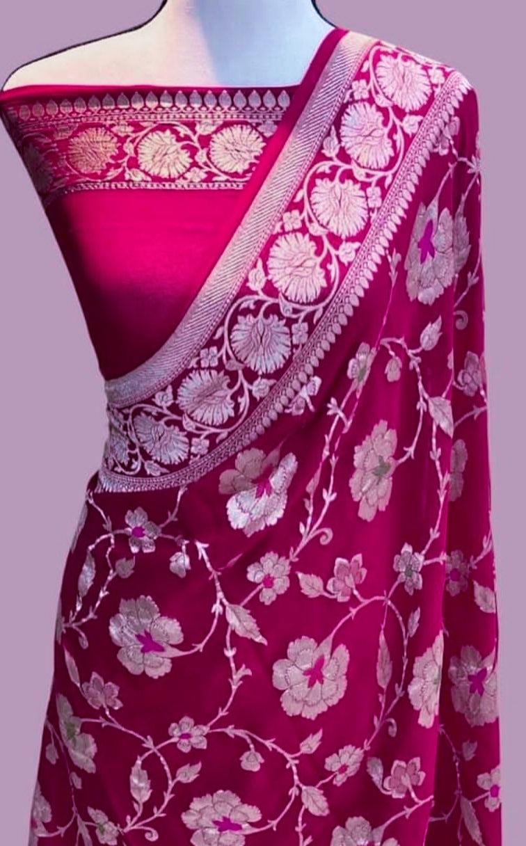 Pink Banaras Soft Georgette Jaal silk - AbirabyBeena