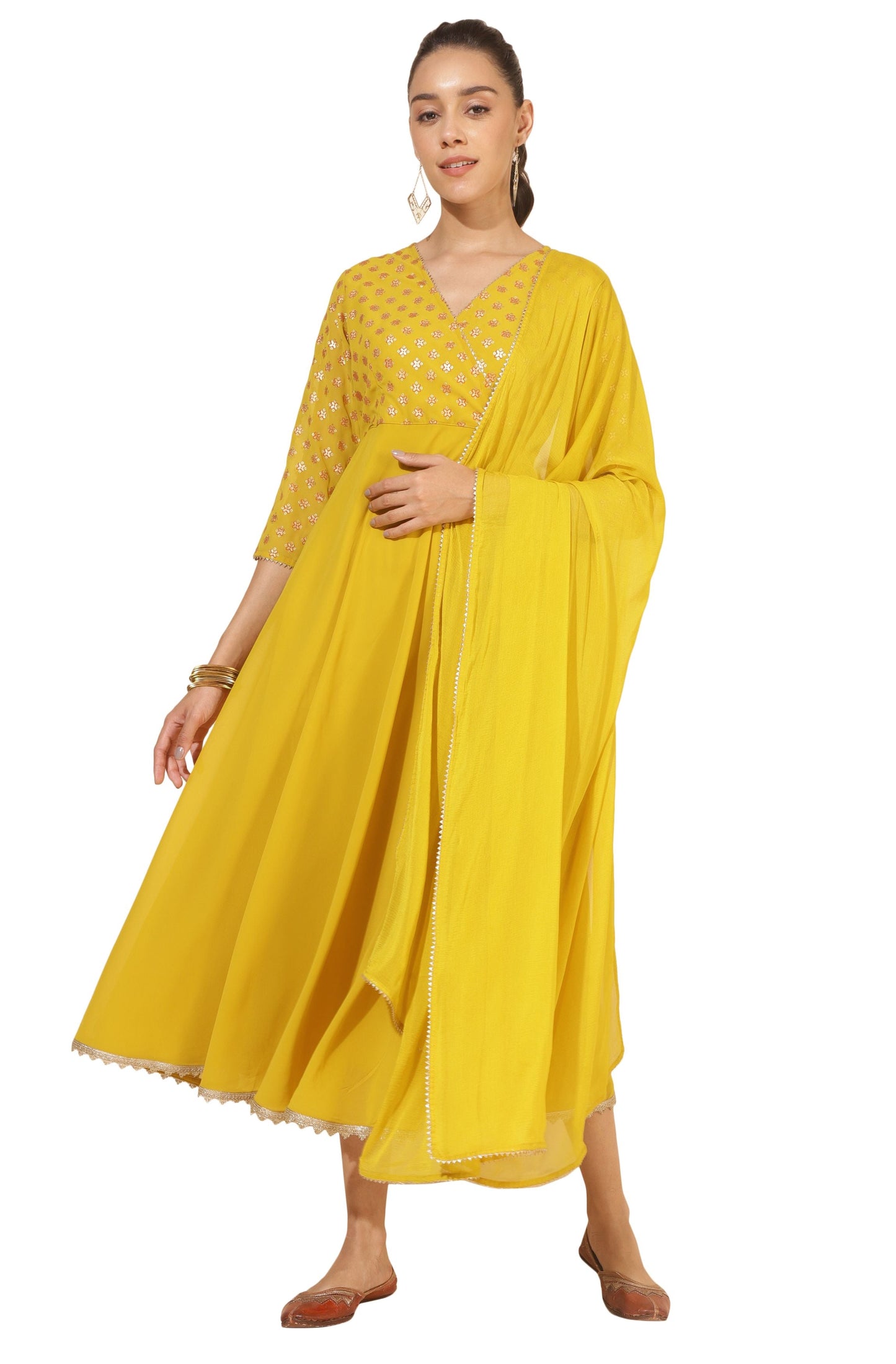 Gleaming Sunflower Foil Kurta With Dupatta
