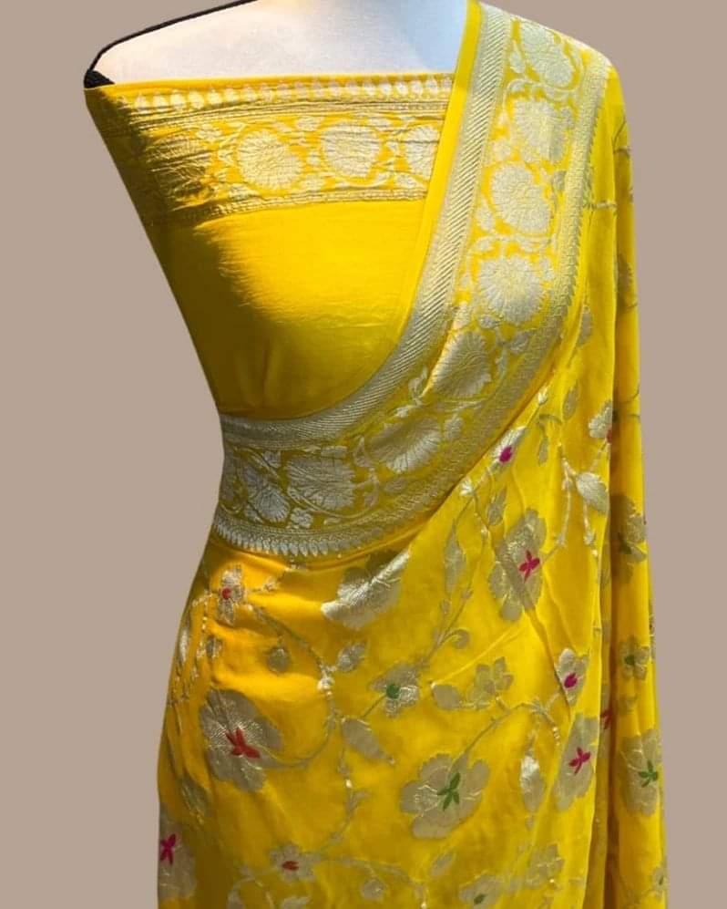 Yellow Banaras Soft Georgette Jaal silk - AbirabyBeena