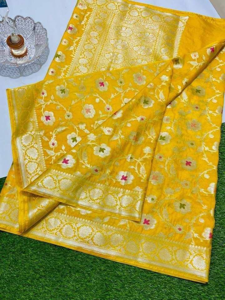 Yellow Banaras Soft Georgette Jaal silk - AbirabyBeena